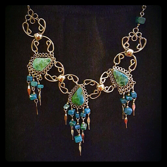 Natural Green Turquoise, silver necklace, earrings