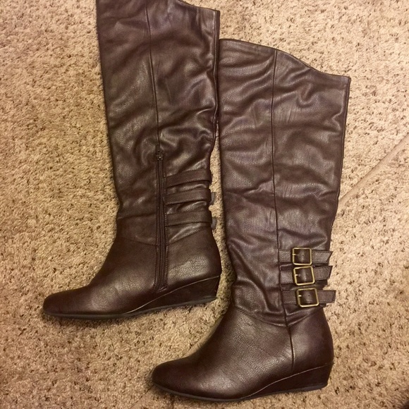 Over the knee brown faux leather boots