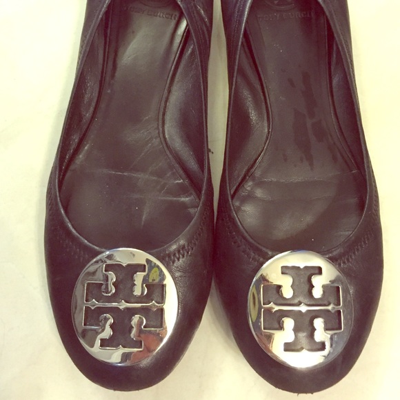 Black leather Silver Logo Tory Burch Reva Flats