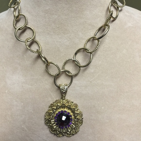Purple jeweled necklace with wide linked chain
