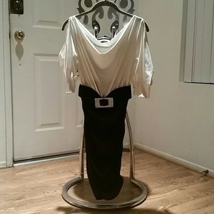 Classy black and white dress w/ rhinestone buckle