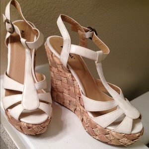 White Basket Weave Wedge Platform Sandals