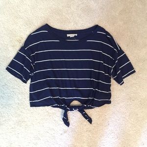 Navy blue and white striped tie up crop top tee