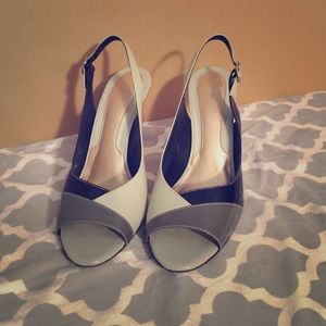Size 8, black, white and grey peep toe sling back