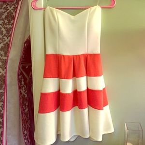Coral and white strapless dress