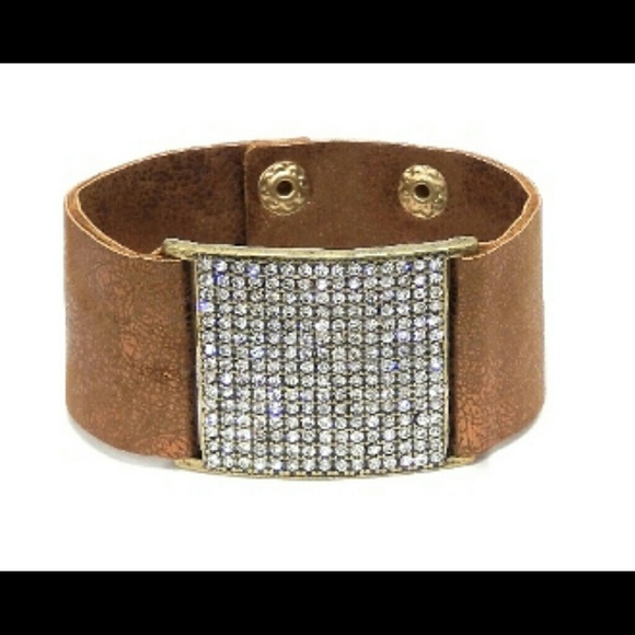 Tan Leather Bracelet with Silver Rhinestones