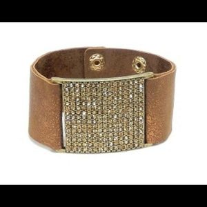 Tan Leather Bracelet / Gold Rhinestones