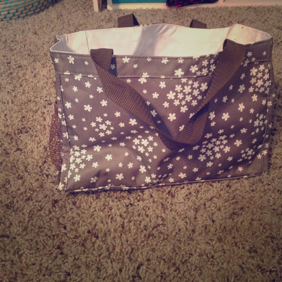 Brown and white thirty one tote