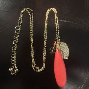 Coral stone, gold leaf, and gem necklace