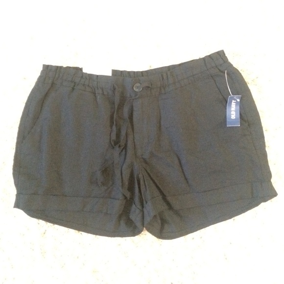 Black linen shorts with stretchy waistband.