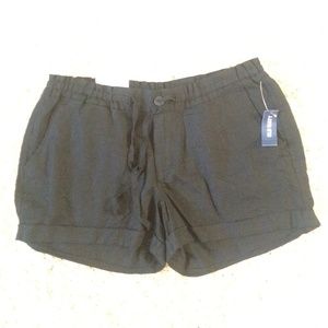 Black linen shorts with stretchy waistband.