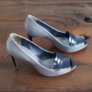 Tory Burch Peep Toe Navy and White Heels