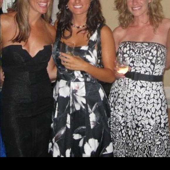 White and black floral dress. Very flattering!