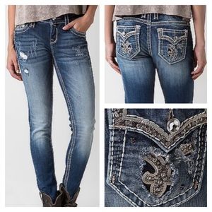 Women's Rock Revival skinny jeans, worn