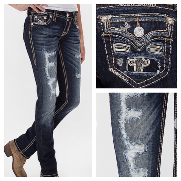 Women's Rock Revival straight jeans, worn