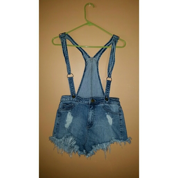 Distressed overall shorts