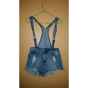 Distressed overall shorts
