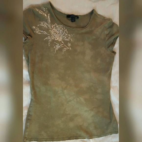 EXPRESS raw edge army green embellished tee s - Picture 4 of 4