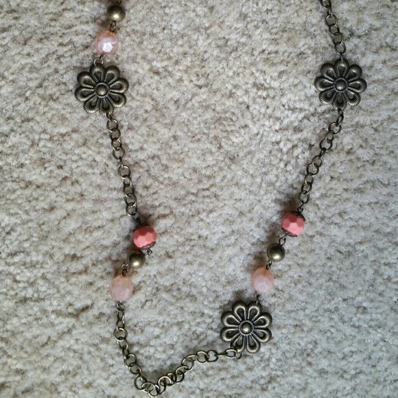 Long brass and coral bead necklace