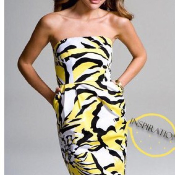 Express black and yellow strapless dress