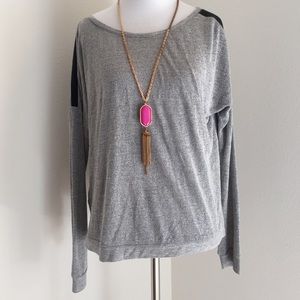 Heathered grey sweater top w/ faux leather detail