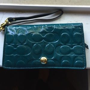 Turquoise patent COACH leather wallet clutch