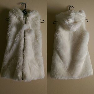 White Faux Fur Vest with Pockets and Hood