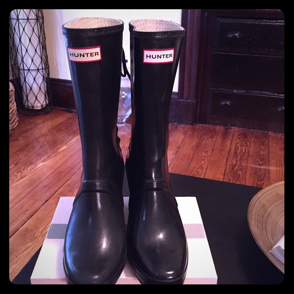 HUNTER Verbier Black Wedge Lace-up Rain Boots