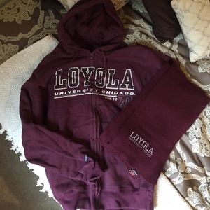 Burgundy Loyola zip down sweatshirt plus scarf.