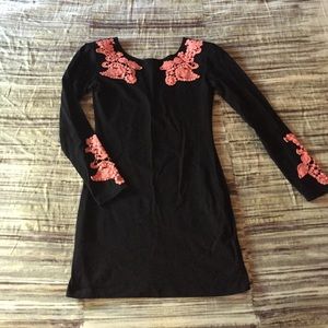 Bodycon black tight dress with coral crochet