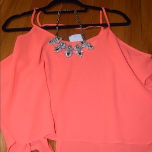 NWT Neon Pink/Orange Off Shoulder & Back Slit Top