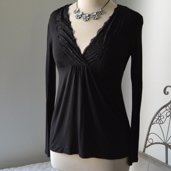 Tahari Black Empire Lace Long Sleeve Knit Top