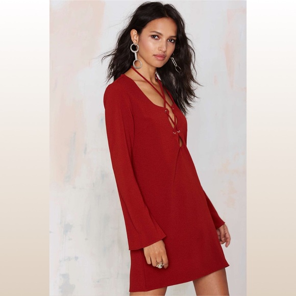 Lace-up Burgundy Crepe Dress - Picture 2 of 6