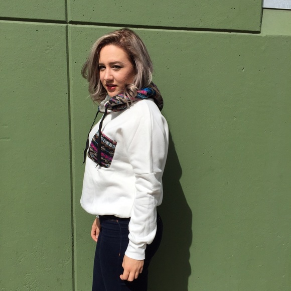 White and Aztec Print Hoodie Sweater