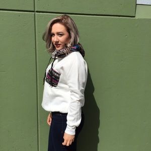 White and Aztec Print Hoodie Sweater