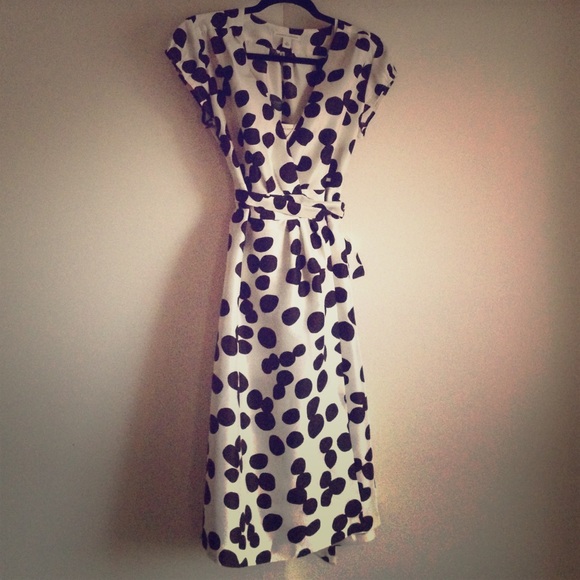 White and Brown dot pattern wrap dress