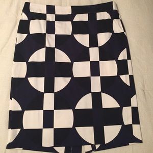 Geo print pencil skirt black, white and navy blue