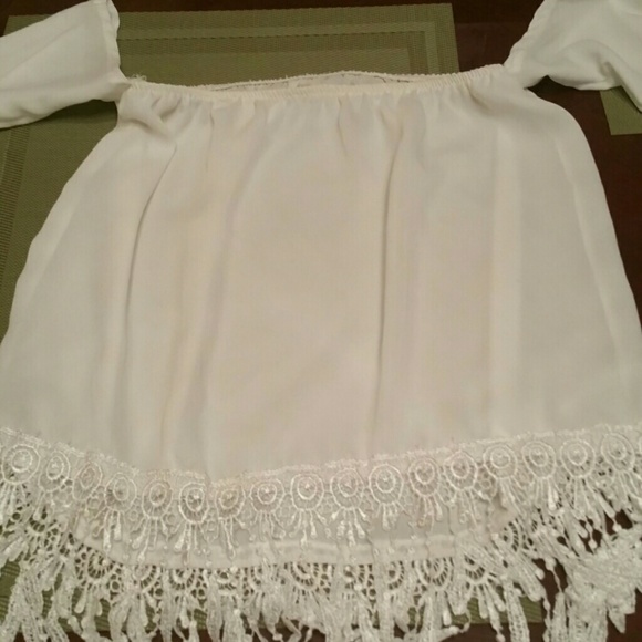 White fringe cold shoulder top