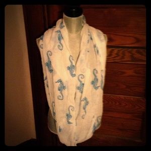 NWOT Gauze Infinity Scarf White w/ Blue Seahorse
