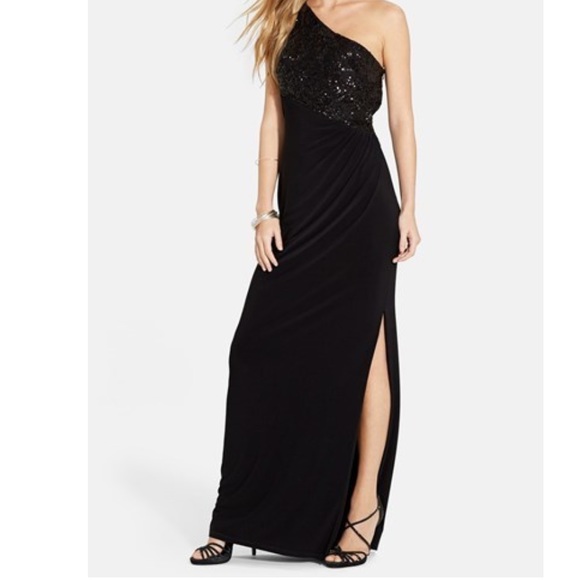 One shoulder sequin bodice jersey gown