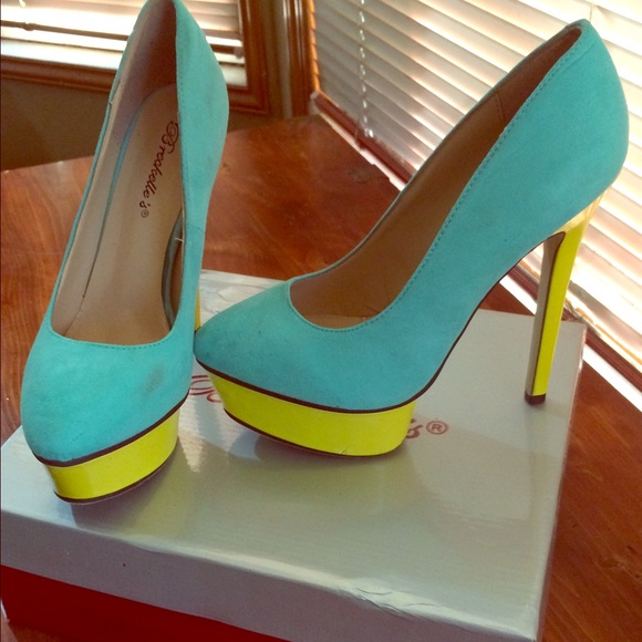 Teal and yellow color block heels