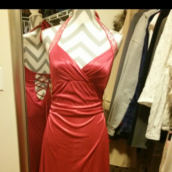 Red, floor length prom dress