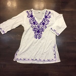 White and purple embroidered bathing suit coverup