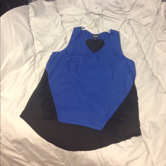 A blue/black blouse with lace trimmings