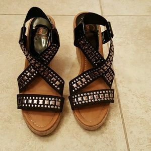 Black strappy wedge high heels size 6