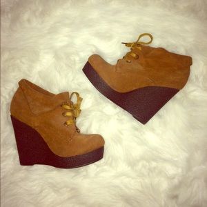 Camel Color Suede Lace Up Wedges