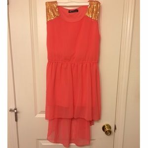 Pretty Gold Coral Pink High Low Dress Size S