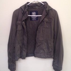 Grey zip up jacket with detachable hood