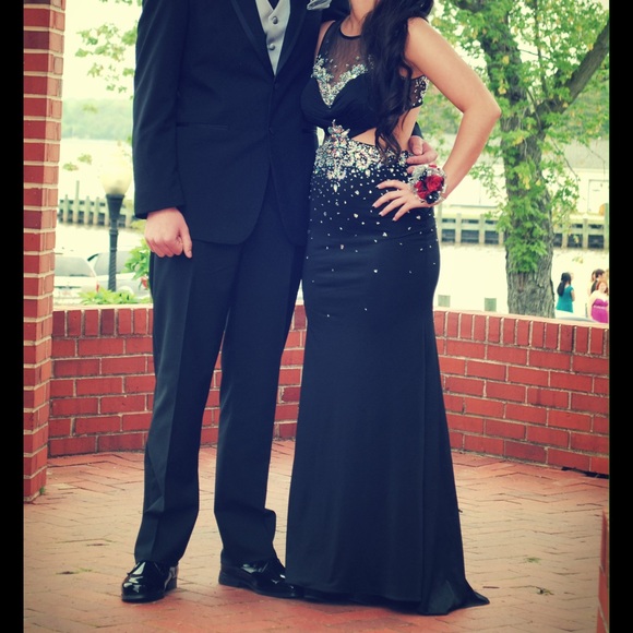 Precious Formals Black Prom Dress w/ gemstones