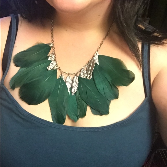 Green and silver feather necklace
